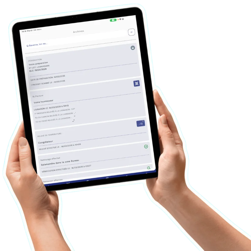 Application LABELiO sur tablette — archives HACCP avec traçabilité des préparations, relevés de température, suivi fournisseurs et plan de nettoyage